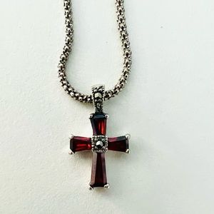 Vintage-style Garnet Cubic Zirconia Sterling Silver Marcasite Cross pendant